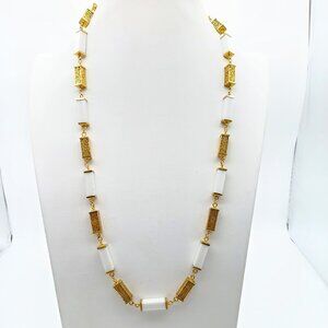 Vintage Gold and White Geometric Necklace with Intricate Rectangular Links